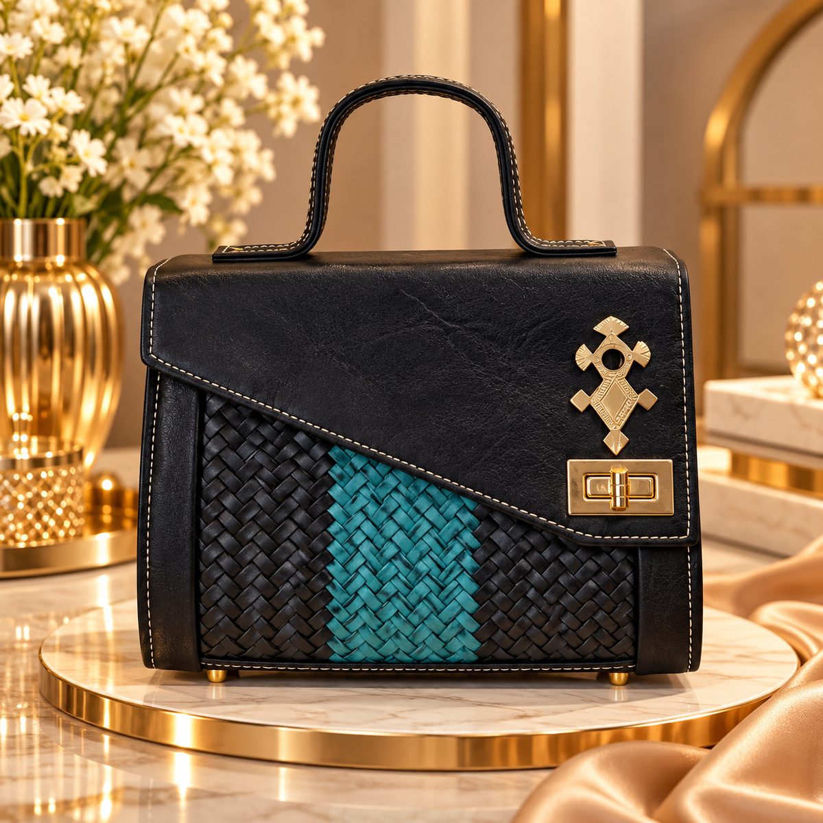 Sac à main Bogu - Cuir Véritable - Noir et Vert